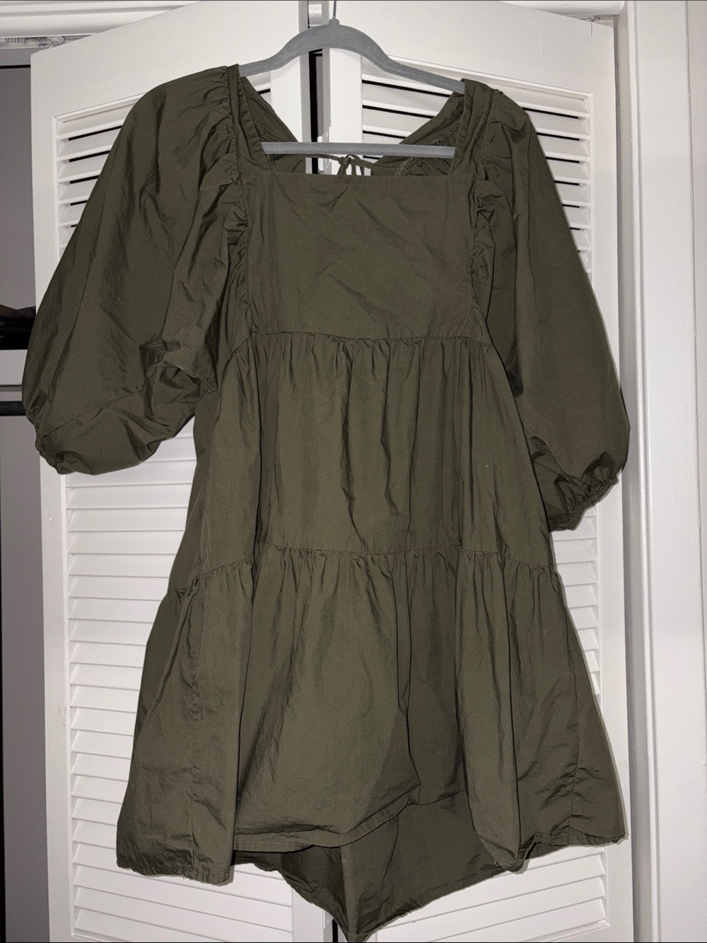 a new day Olive Square-Neck Puff Sleeve Tiered Mini Dress